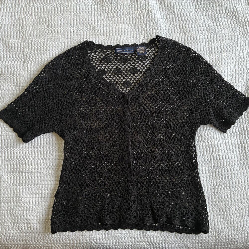 Vtg Laura Scott Crochet Cardigan Women L Black Floral Whimsigoth Dark‎ Cottage - Picture 11 of 16